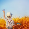 Cute child walking in the wheat golden field on a sunny summer day. Square. Royalty Free Stock Photo