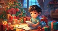 Cute Child Writes a Letter to Santa Claus. Christmas concept. Christmas Tree. New Year. Santa Claus Concept.