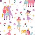 Cute childish ballerina, kids pattern. Sweet pink princess girl with magic unicorn, ballet fabric for nursery bedroom