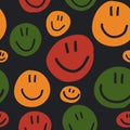 Cute childish bright seamless pattern with circles with smiley face. Vector texture in African colors - red, green Royalty Free Stock Photo