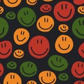 Cute childish bright seamless pattern with circles with smiley face. Vector texture in African colors - red, green Royalty Free Stock Photo