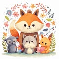 Cute childish card with funny animals. Illustration AI Generative