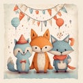 Cute childish card with funny animals. Illustration AI Generative