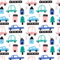 Cute childish cars in city vector seamless pattern with texture. Royalty Free Stock Photo