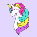 Cute childish cartoon character as magic rainbow hair unicorn