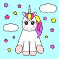 Cute childish cartoon character as magic rainbow hair unicorn