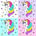 Cute childish cartoon character as magic rainbow hair unicorn