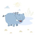 Cute childish cartoon little hippopotamus. Simple preschool design template. Best for cloth print and party designs.