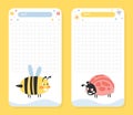 Cute Childish Checkered Organizer Sheets Set. Note Paper, Notebook, Planning Pages for Kids with Cute Funny Insects Royalty Free Stock Photo