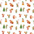 Cute childish Christmas tiny elves seamless pattern. Funny Santa helpers decorating Xmas tree, carry gift box and bag