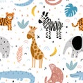 Cute Childish Doodle Seamless Pattern With Wild African Animals: Zebra  Elephant  Monkey  Tiger  Crocodile  Giraffe With Abstract