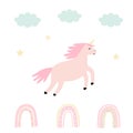 Cute childish Doodle a unicorn, a rainbow and clouds. Royalty Free Stock Photo