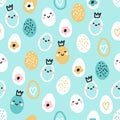 Cute childish Easter seamless pattern with hand drawn cartoon characters of eggs, creative spring design