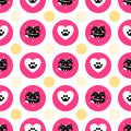 cute childish fat black tabby cat wearing eyeglasses and paw in love heart pink bright circle seamless pattern Royalty Free Stock Photo