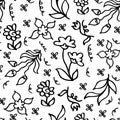 Cute childish floral doodle outline black and white monochrom seamless pattern. Simple hand drawn style background with flowers