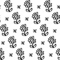 Cute childish floral doodle outline black and white monochrom seamless pattern. Simple hand drawn style vector illustration