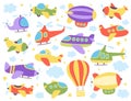 Cute childish air transport set, airplane, airship, zeppelin, air-hot balloon vector illustration Royalty Free Stock Photo