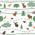 Cute childish forest animals seamless pattern. Wolf fox bear deer doe elk squirrel hare bat turtle hedgehog. Vector illustration