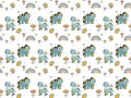 Cute childish girly summer seamless pattern of smiling baby dinosaurs brontosaurus and stegosaurus, butterflies, rainbows, abstrac