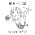 Cute childish hand drawn cartoon character of little mermaid with sea starfish, shell as coloring page