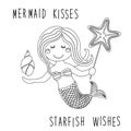 Cute childish hand drawn cartoon character of little mermaid with sea starfish, shell as coloring page