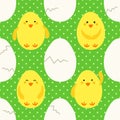 Cute childish hand drawn Easter seamless pattern with yellow little chickens emoji and eggs on polka dots background