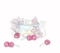 Cute childish illustration. Cup with flowers, cherries and bunnies.