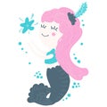 Cute childish illustration of a little smiling little mermaid girl with pink hair catching a starfish on a white background. For n Royalty Free Stock Photo