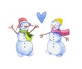 Cute childish illustration with snowmen. Snowmen drawn with watercolors and colored pencils.