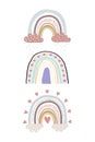 Cute childish illustrations with abstract full color rainbow. Set of rainbows in vintage pastel colors with hearts and