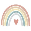 Cute childish illustrations with abstract full color rainbow. Striped arc in vintage pastel colors with hearts and clouds. Simple Royalty Free Stock Photo