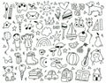 Cute childish kindergarten hand drawn doodle elements. Funny hand drawn children learn and play vector symbols set Royalty Free Stock Photo