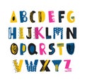 Cute childish latin font or funky english alphabet decorated with dots and scribble. Colorful textured letters placed in