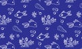Cute childish marine pattern with fish, corals, shells on a dark blue background.