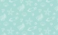 Cute childish marine pattern with fish, starfish, algae, shells on a turquoise background Royalty Free Stock Photo