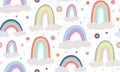 Cute childish pattern with different rainbow, cloud on white background with colorful dots. Vector flat natural texture. Gentle Royalty Free Stock Photo