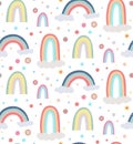 Cute childish pattern of the sky. Seamless pattern with different rainbows, clouds and dots. Vector wallpaper in gentle pastel Royalty Free Stock Photo