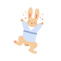 Cute childish rabbit having fun surrounded by flying hearts vector flat illustration. Funny bunny demonstrate hugging Royalty Free Stock Photo