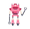 Cute childish robot toy. Funny childrens bot with happy face, gesturing hi. Portrait of humanoid cyborg machine on