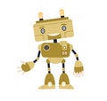 Cute childish robot toy in old retro style. Funny kids bot with smiling face, gesturing hi. Portrait of friendly