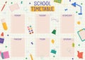 Cute childish school timetable, weekly classes schedule for kids with school supplies. Printable planner, diary for