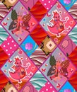 Cute childish seamless patchwork pattern with fairy dragons, butterflies, flowers, waves. Quilt.