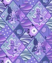 Cute childish seamless patchwork pattern with fairy dragons, butterflies, flowers, waves. Quilt. Can be used for interior design