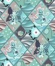 Cute childish seamless patchwork pattern with fairy dragons, butterflies, flowers, waves. Quilt. Can be used for interior design