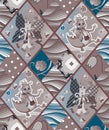 Cute childish seamless patchwork pattern with fairy dragons, butterflies, flowers, waves.