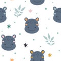Cute childish seamless pattern with adorable hippo character with abstract elements around. Hand drawn Scandinavian style vector