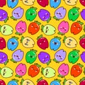 Cute childish seamless pattern as smiling cartoon characters of apples on yellow background Flat style, vector Royalty Free Stock Photo