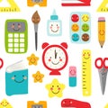 Cute childish seamless pattern Back to School supplies as smiling cartoon characters