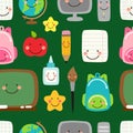 Cute childish seamless pattern Back to School supplies as smiling cartoon characters Royalty Free Stock Photo