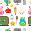 Cute childish seamless pattern Back to School supplies as smiling cartoon characters Royalty Free Stock Photo